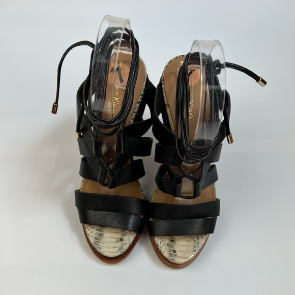Calvin Klein Penelope Black Leather Strappy Lace-Up Block Heel Sandals 7 - Picture 7 of 14